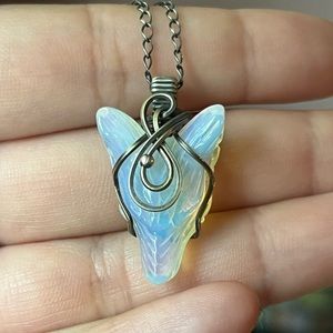 Opalite Wolf In Antiqued Wire wrapped Silver Necklace